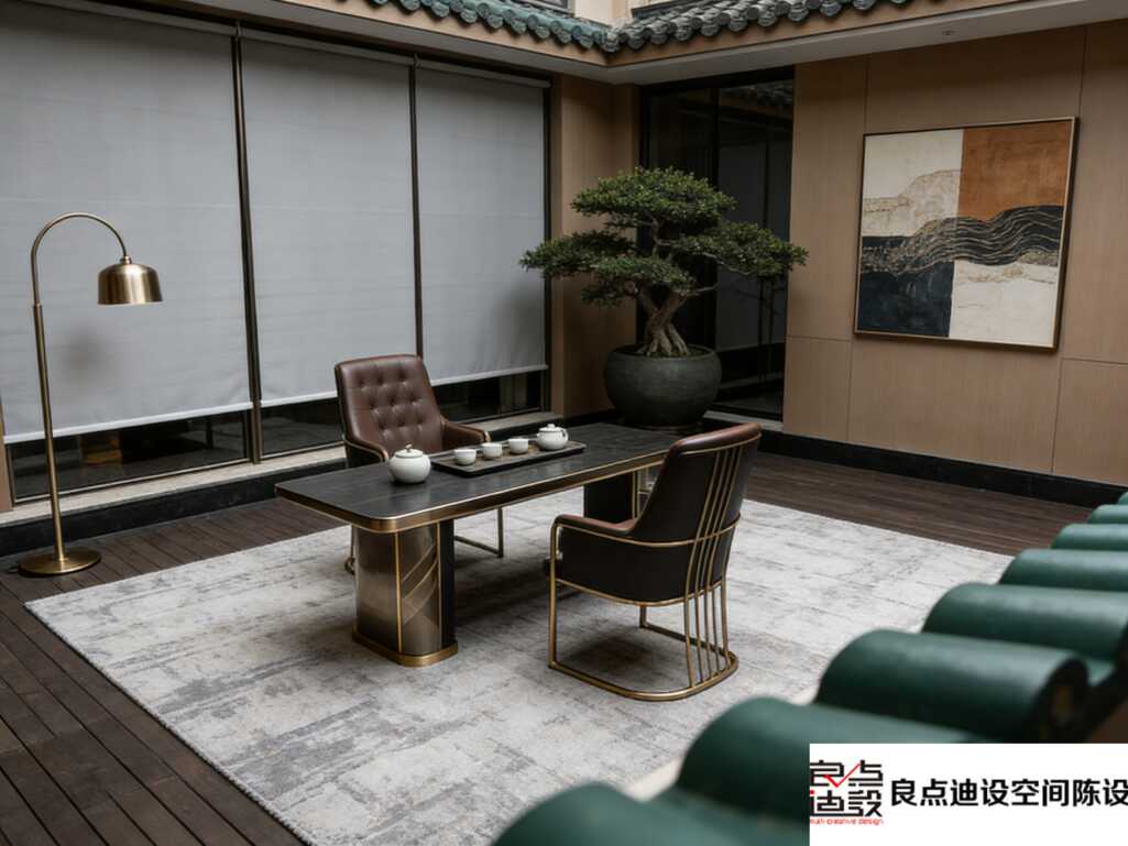 深色茶桌+金色细节，这家茶馆的软装让时光都慢了